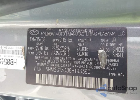 2008 Hyundai Santa Fe Gls z USA, uszkodzony, nr VIN 5NMSG13D88H193390